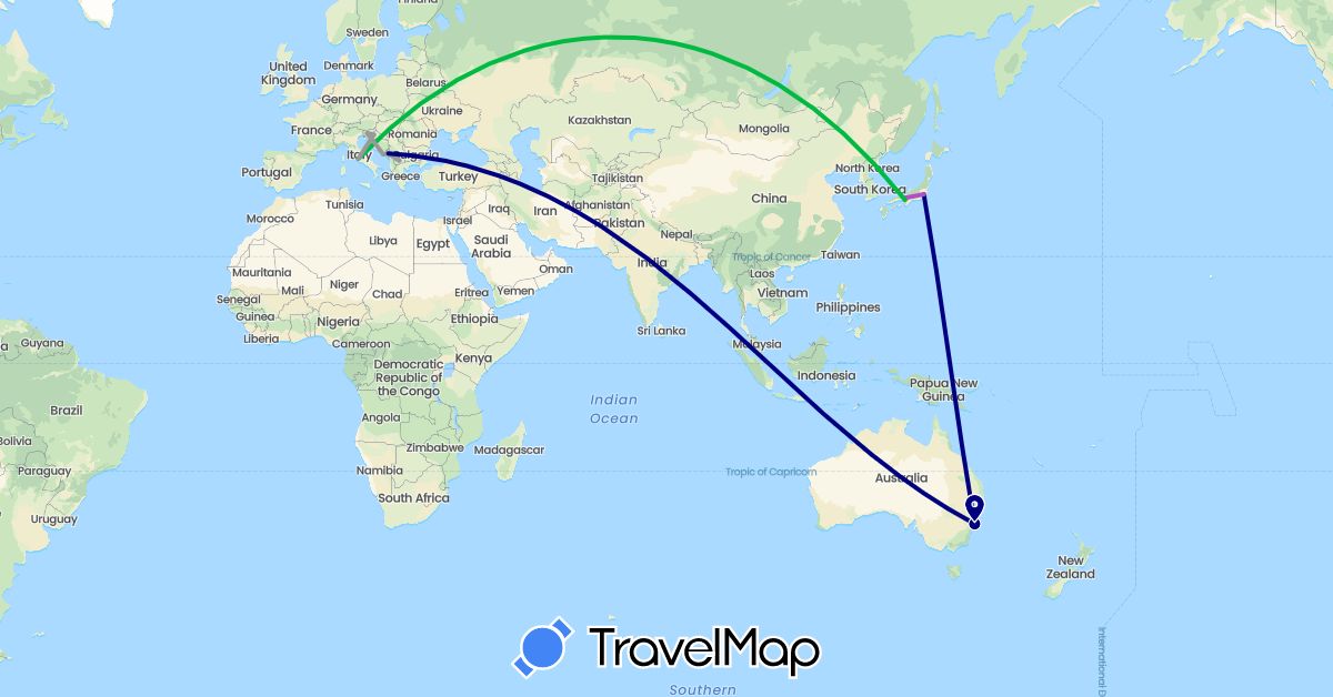 TravelMap itinerary: driving, bus, plane, train in Australia, Croatia, Italy, Japan, Montenegro, Macedonia, Slovenia (Asia, Europe, Oceania)